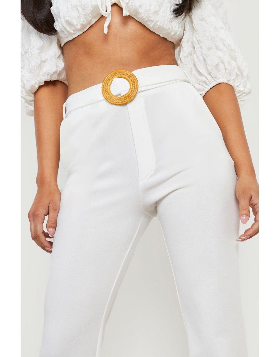 Petite Rattan Buckle Belted Flare Trouser - white - 3