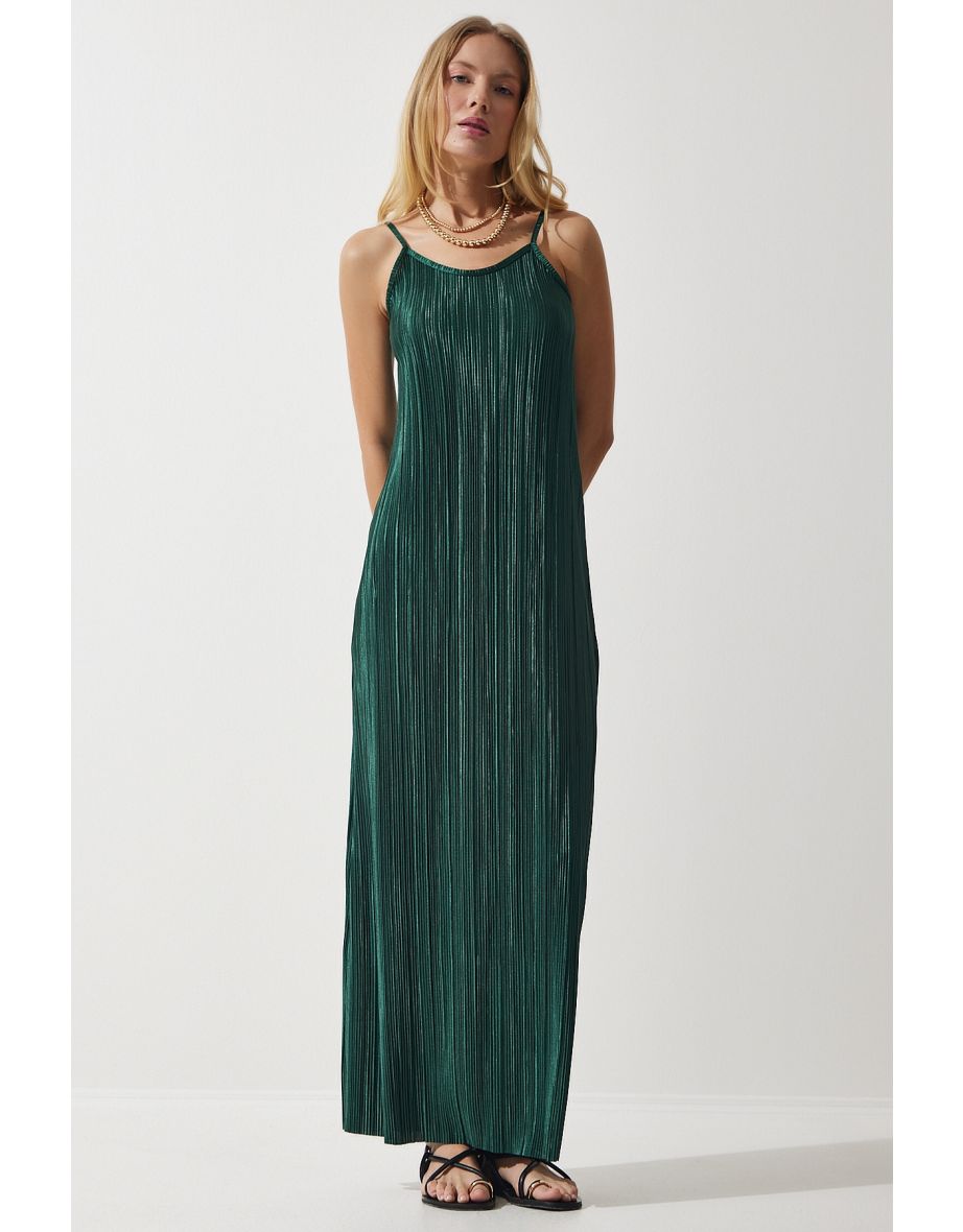 Women's Emerald Green Strappy Summer Pleated Dress