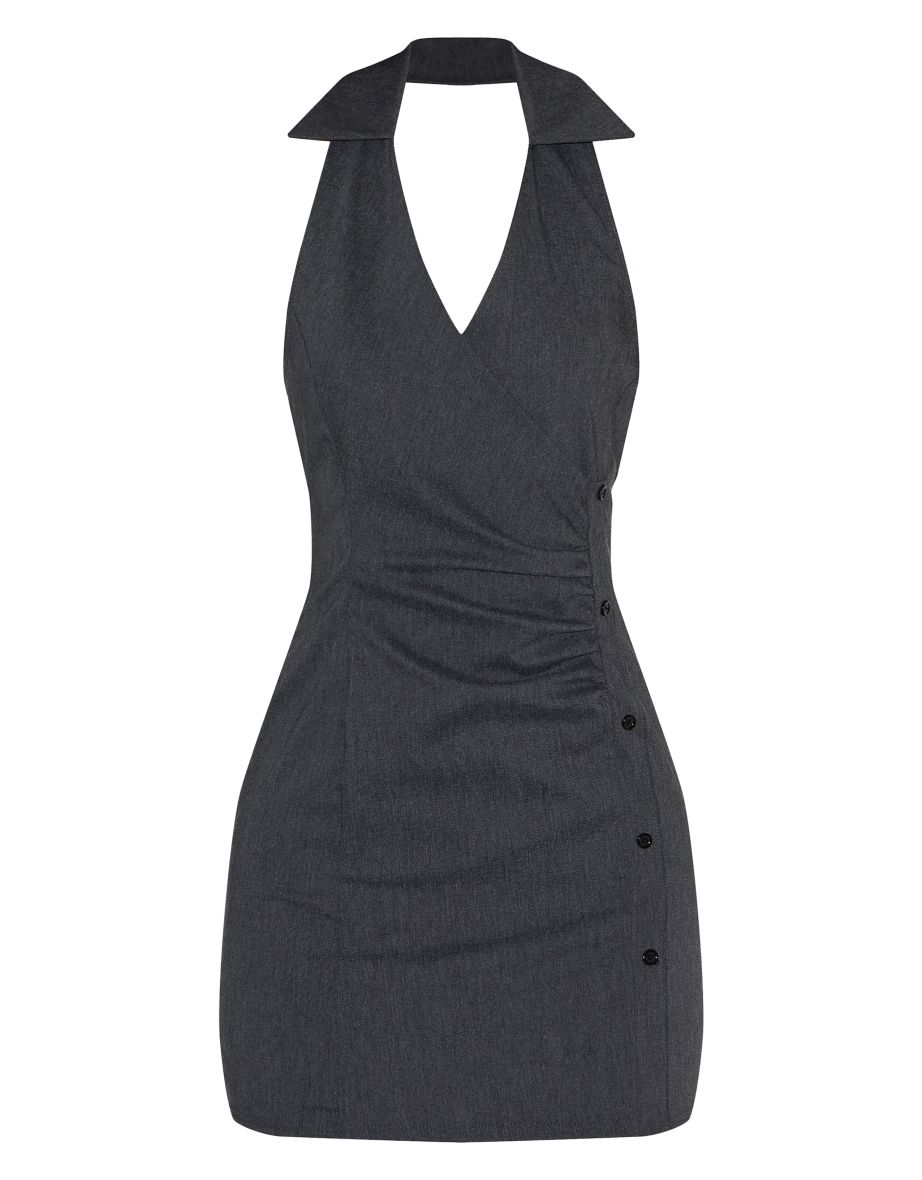 Black Asymmetric Button Down Collar Detail Bodycon Dress - 4