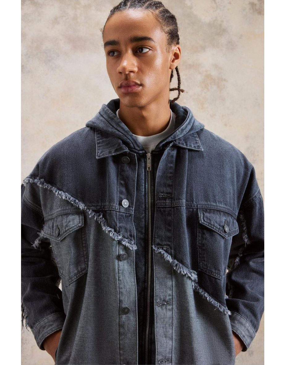 Oversized Spliced Frayed Edge Denim Jacket - mid grey - 2