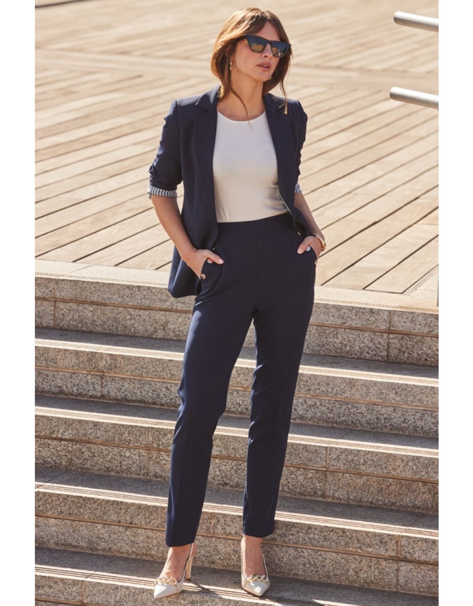 Petite Navy Blue Side Button Tapered Leg Trousers
