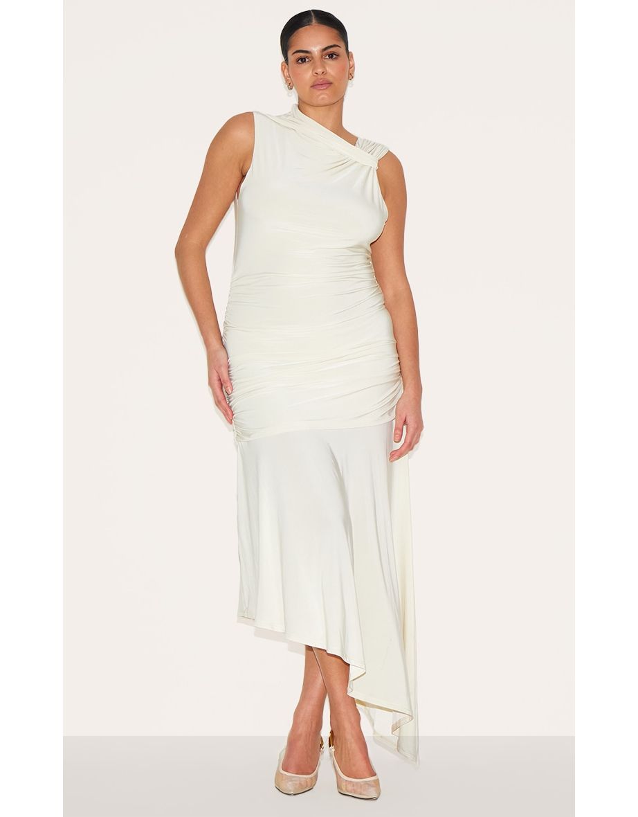 Plus Cream Double Layer Slinky Asymmetrical Ruched Detail Maxi Dress