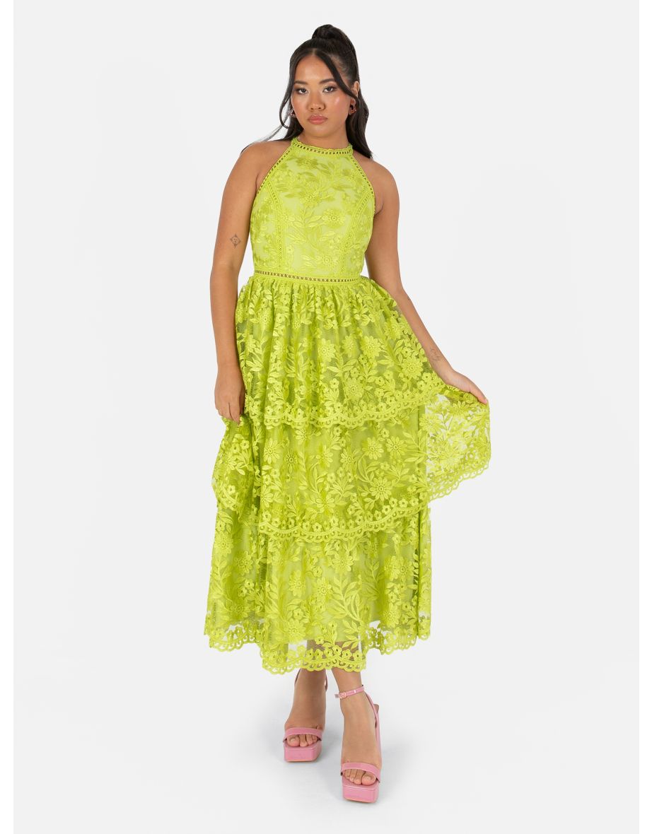 Shop Maya Lime Green Halter Neck Tiered Lace Midaxi Dress Online in Oman VogaCloset