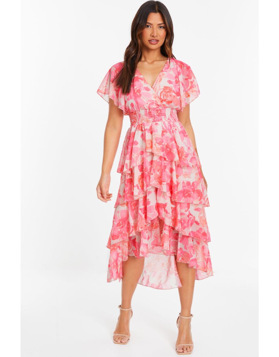Pink Floral Print Chiffon Tiered Dip Hem Dress