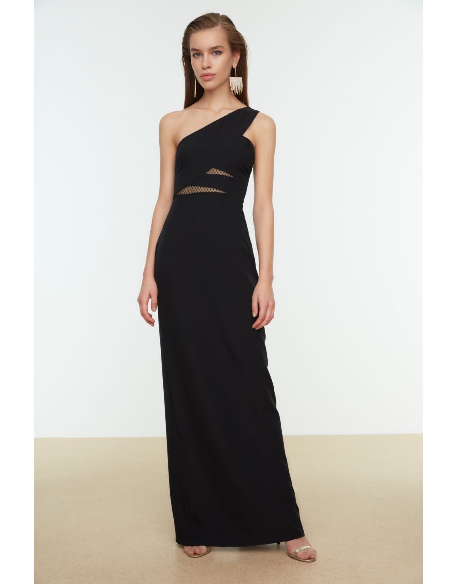 Black Column Maxi Party Dress with One Shoulder - 7