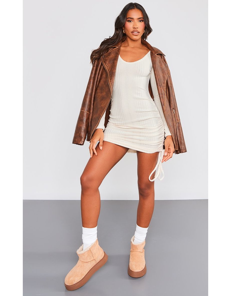 Cream Soft Rib Ruched Long Sleeve Bodycon Dress