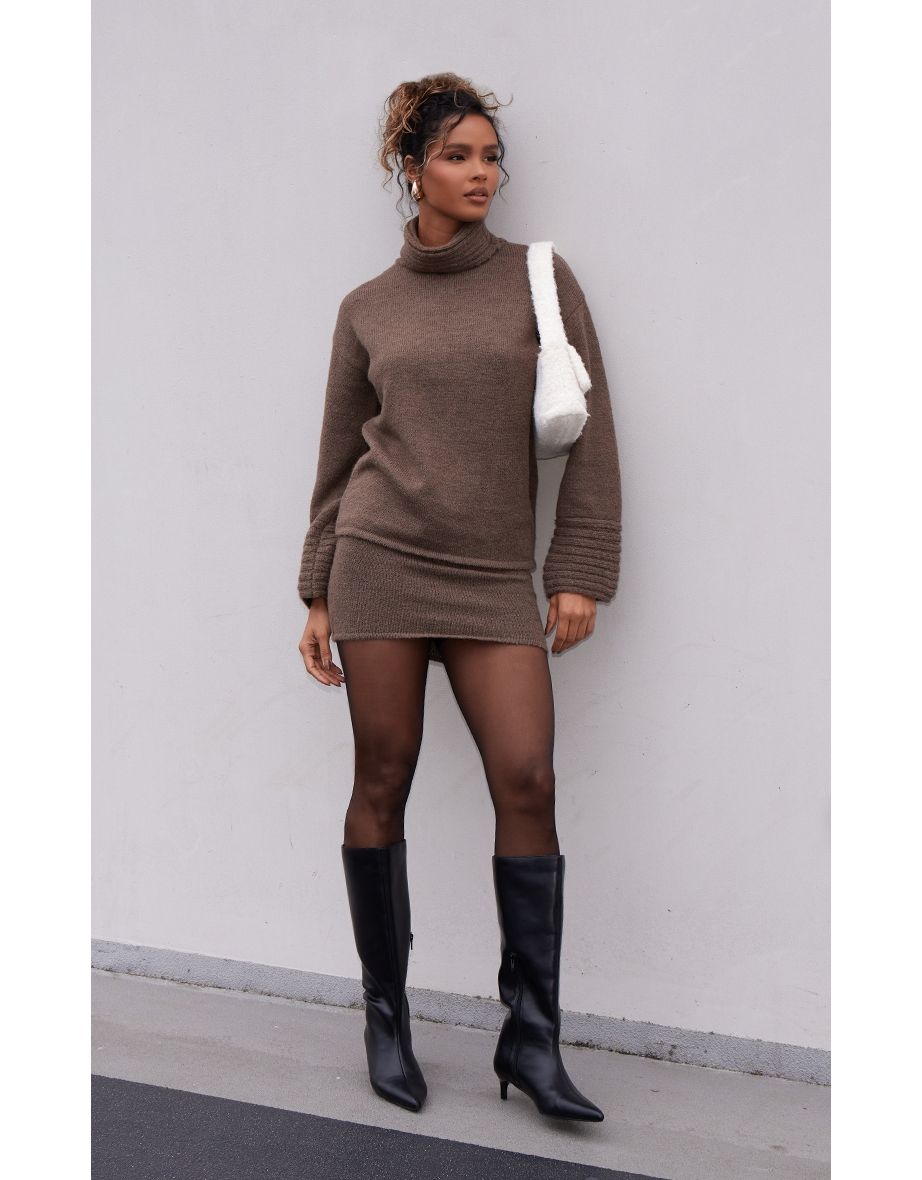 Chocolate Textured Knit Roll Neck Oversized Jumper