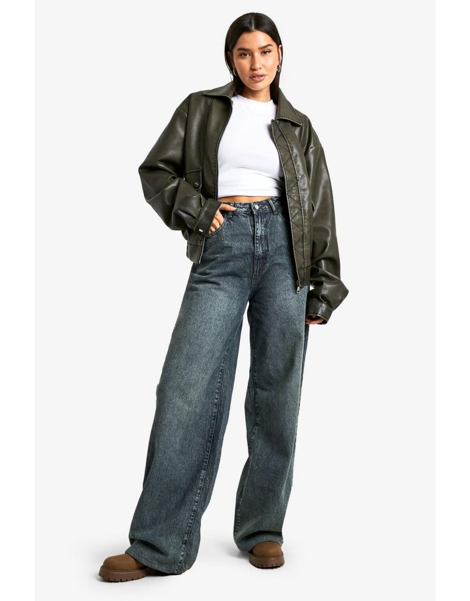 Tall Vintage Look Faux Leather Bomber Jacket - vintage wash