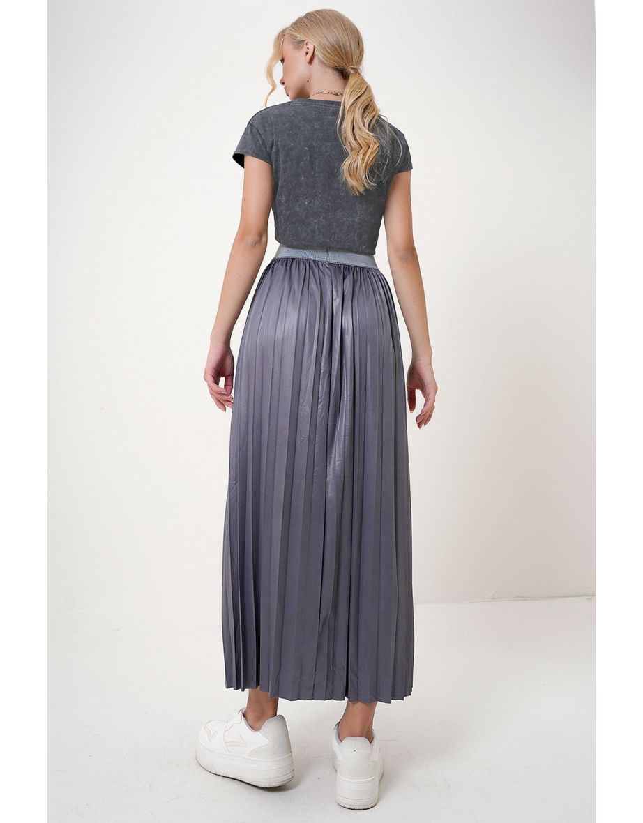 Women Anthracite Elastic Waist Pleated Skirt - 4