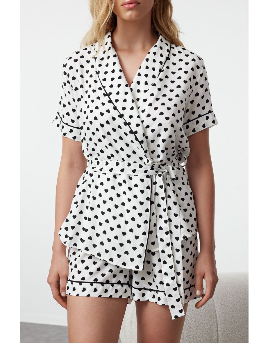 Ecru Patterned Belted Piping Detailed Viscose Shirt-Shorts Woven Pajama Set - 4