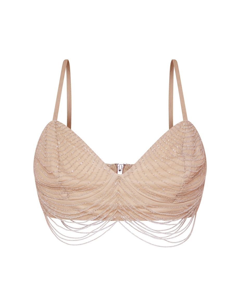 Nude Premium Embellished Draped Bead Bralet - 4