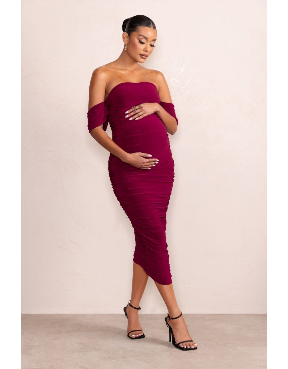 Berry Maternity Ruched Bardot Midi Dress