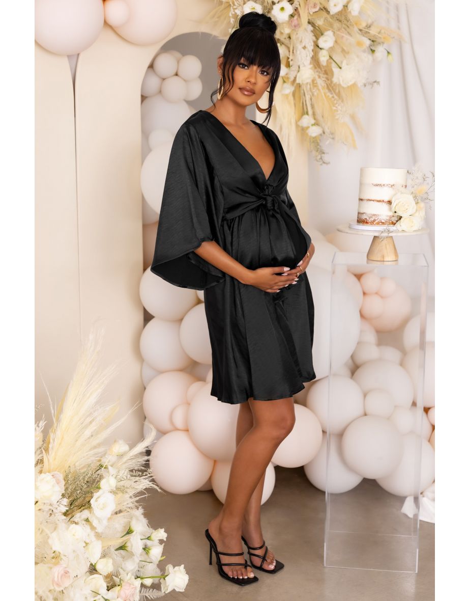 Black Maternity Tie Front Angel Sleeve Mini Dress