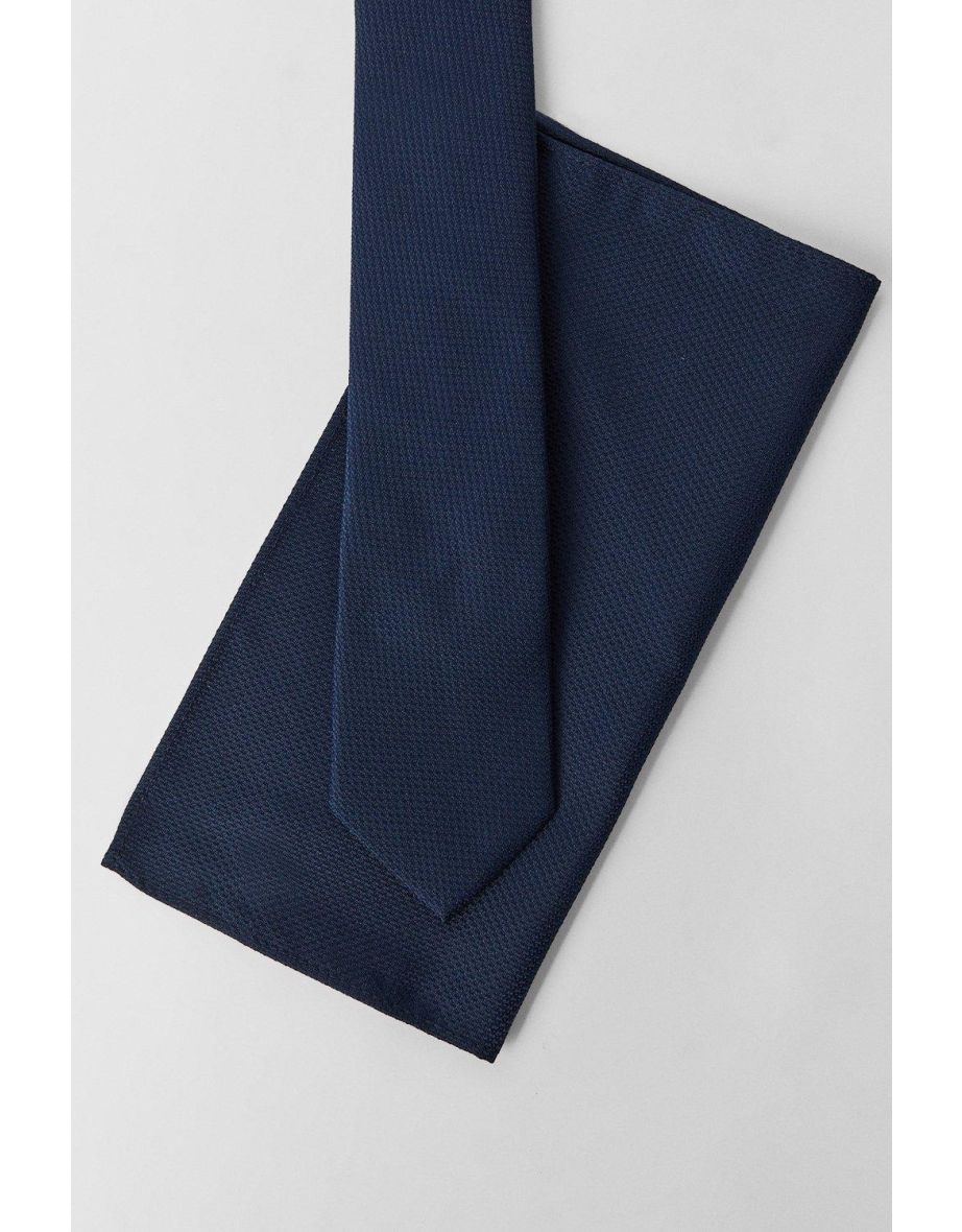 Navy Textured Tie And Pocket Square