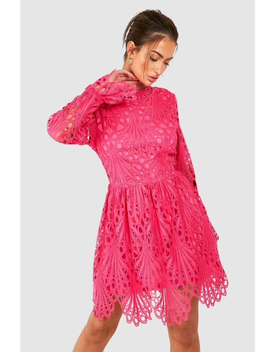 Shop High Neck Flared Sleeve Lace Skater Dress hot pink Online in Qatar VogaCloset