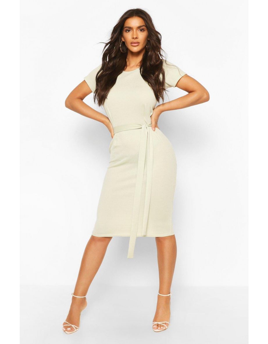 Pleat Front Belted Tailored Midi Dress - sage - 3
