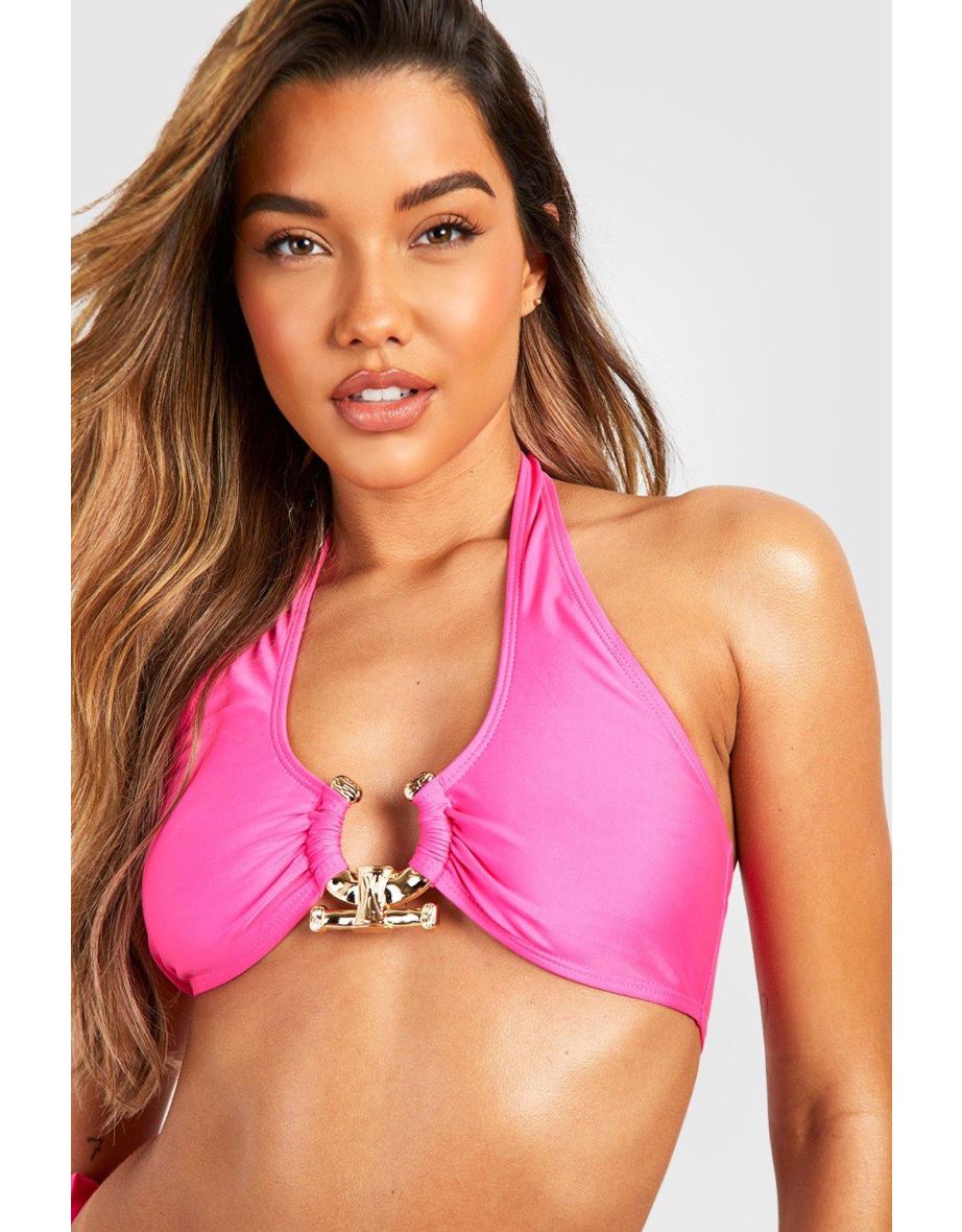Gold Trim Cross Front Tie Bikini Top - pink - 2