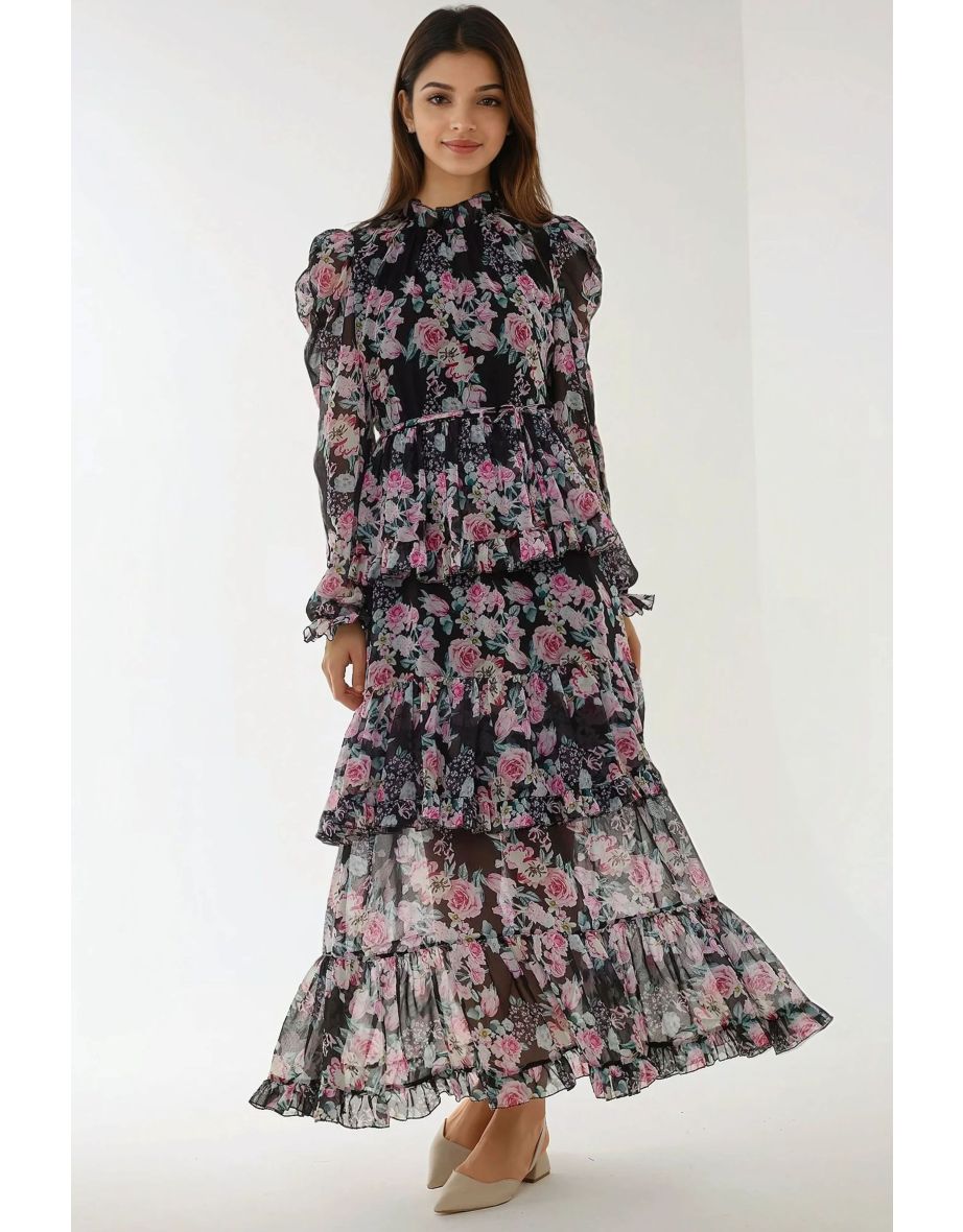 Crew Neck Floral Maxi Dress with Ruffles
