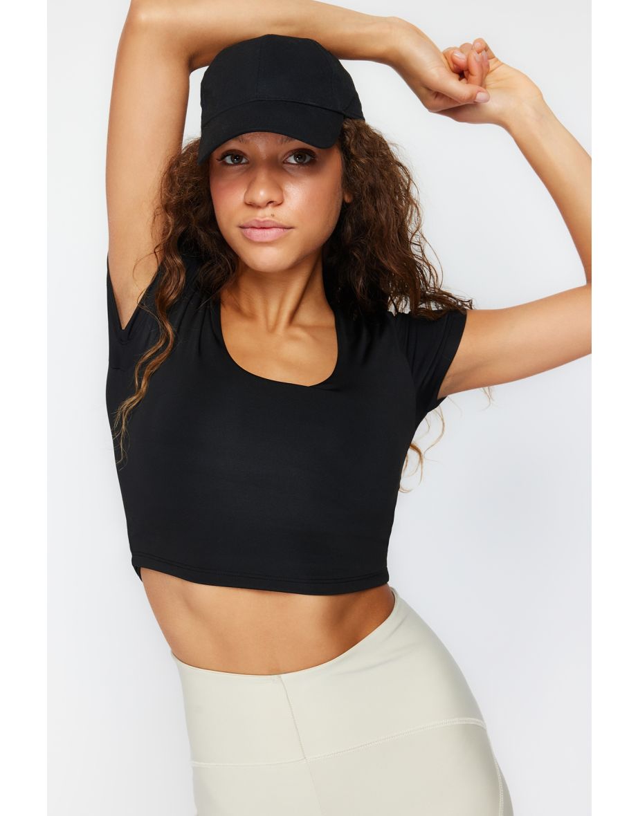Black 2 Tier Padded Sports Bra Pool Neck Sports Top/Blouse