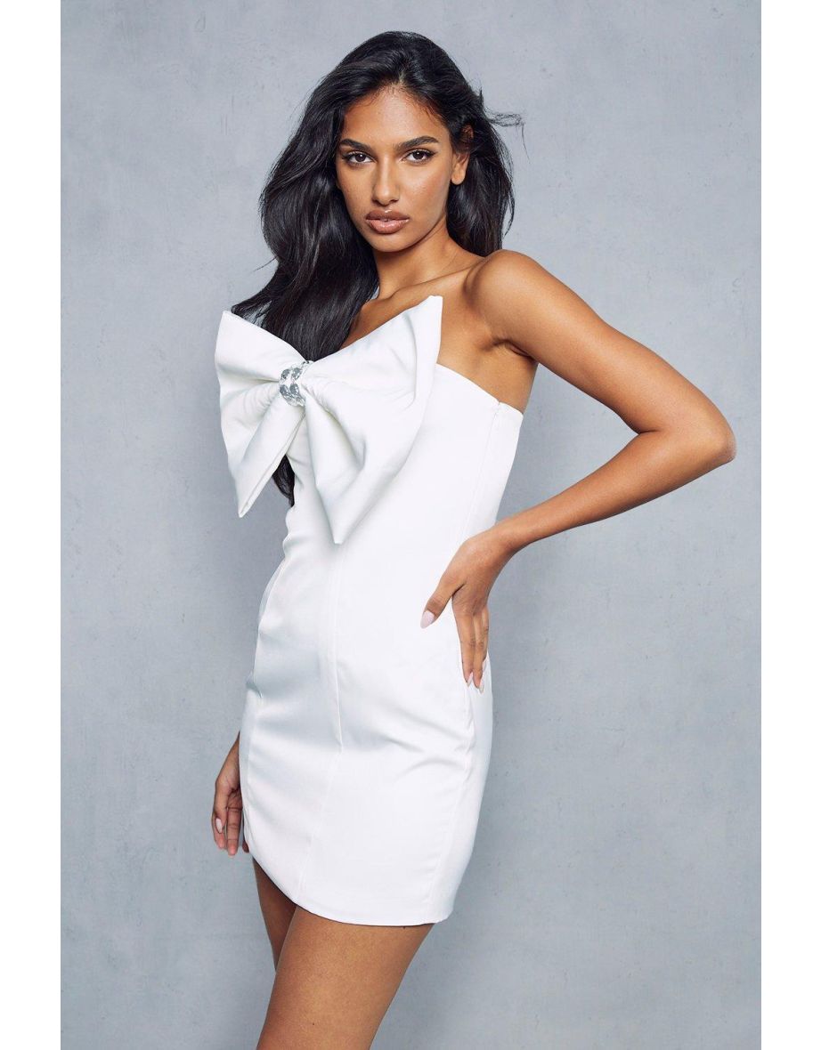 Shop Satin Diamante Trim Bow Front Bandeau Bodycon Mini Dress Online in Qatar VogaCloset