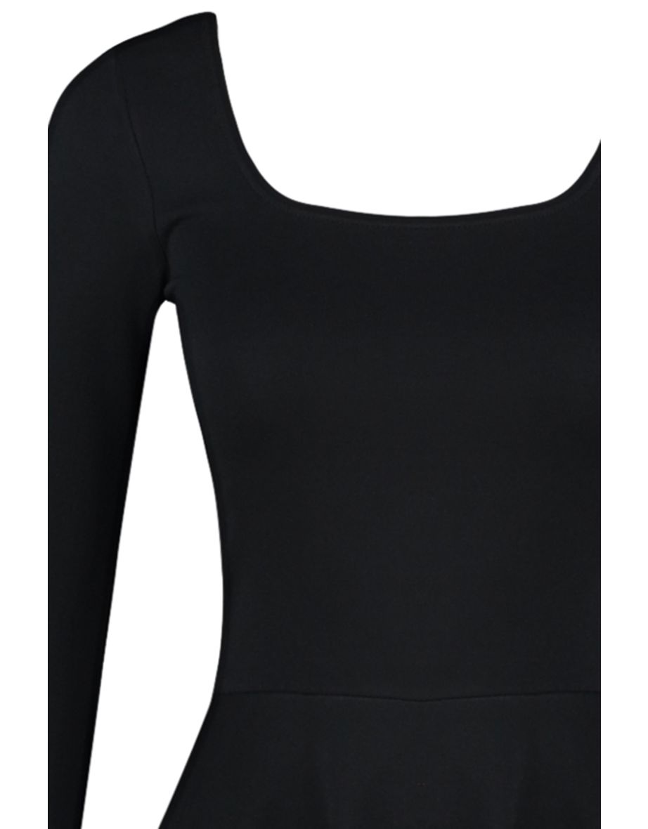 Black Pleated A-Line Mini Skater Dress with Long Sleeves - 7