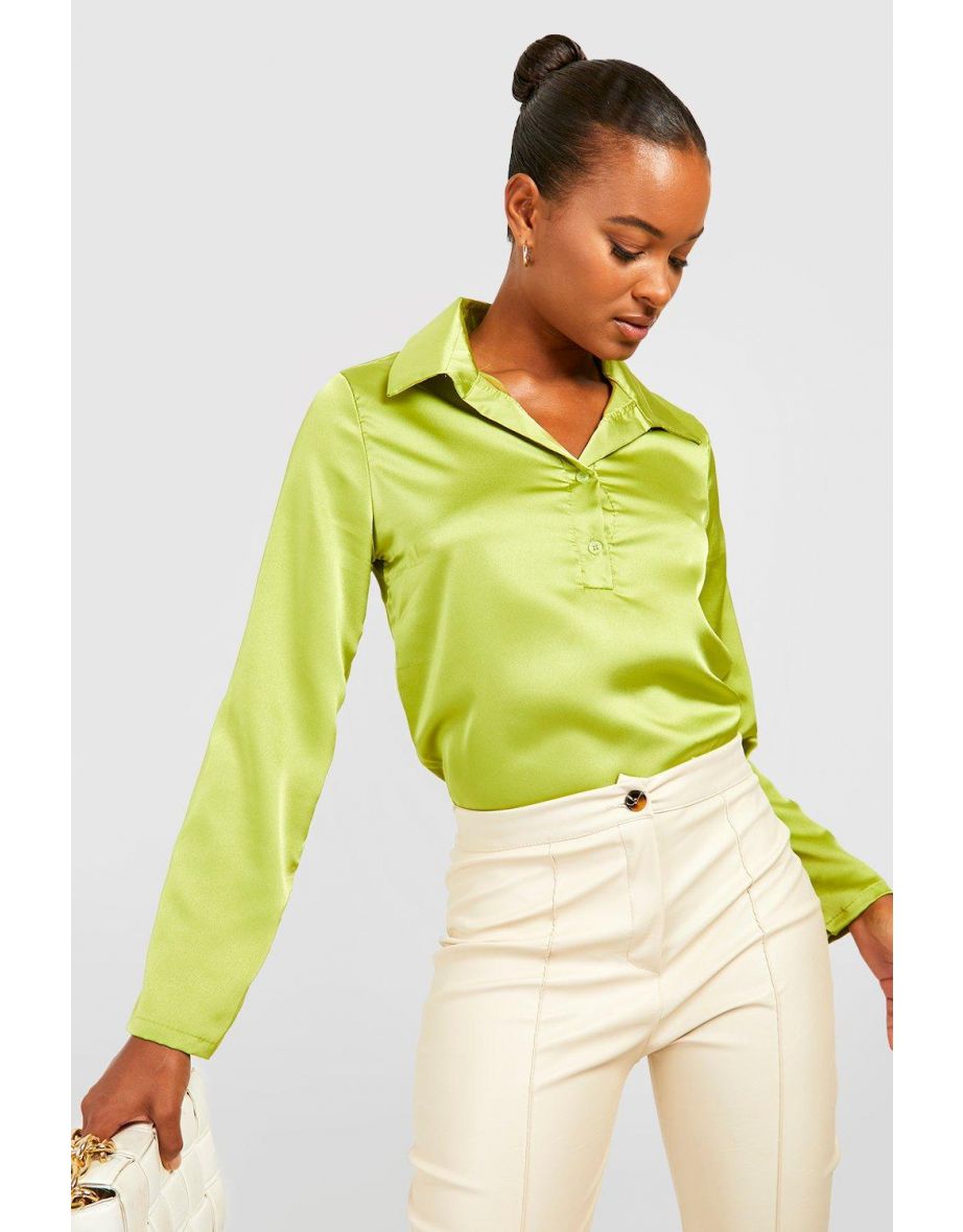 Tall Half Button Relaxed Satin Shirt - olive