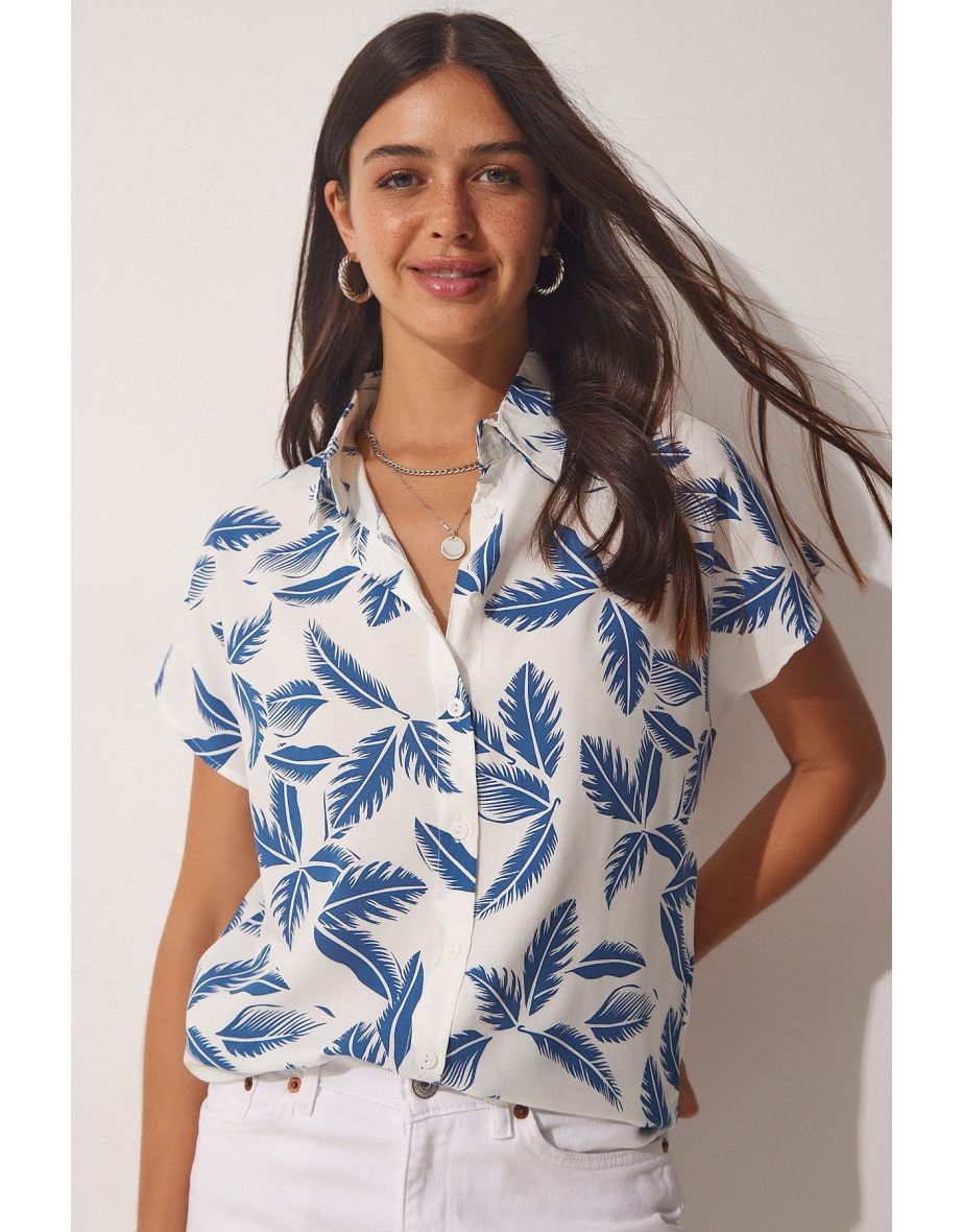 Women's Blue and White Patterned Viscose Shirt