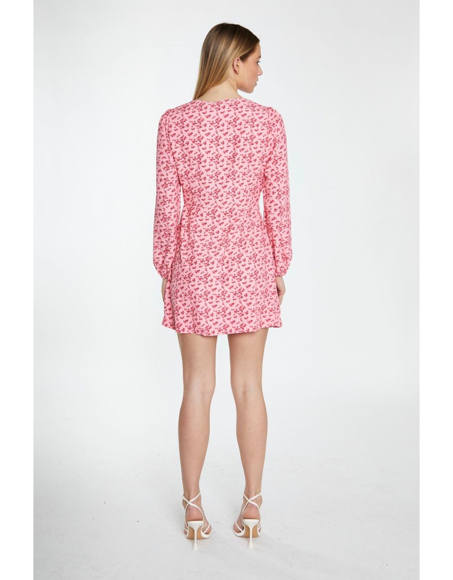 Raspberry Ditsy Button Front Long Sleeve Mini-Dress - 3