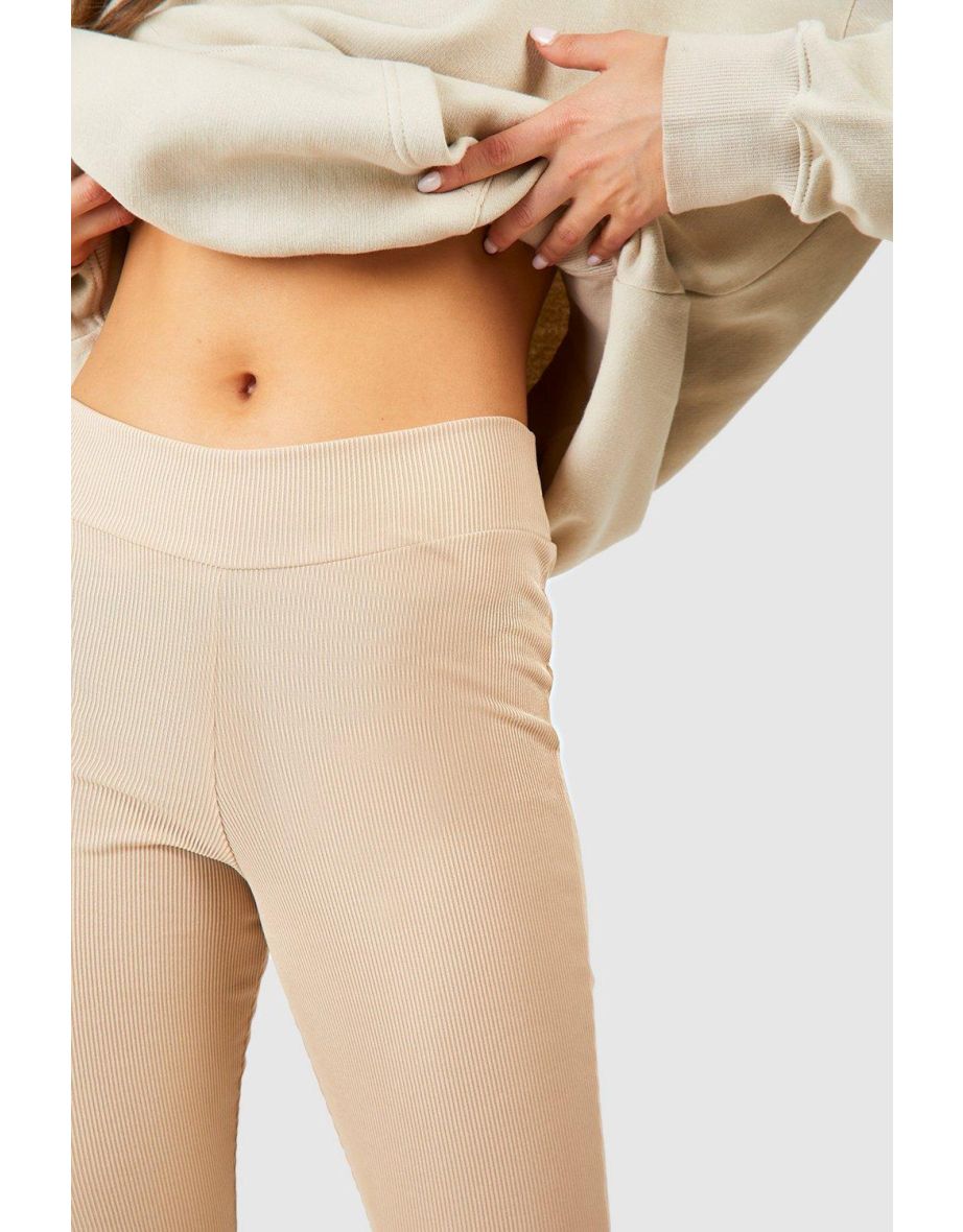Shaper Waistband High Waisted Ribbed Flared Leggings - stone - 3
