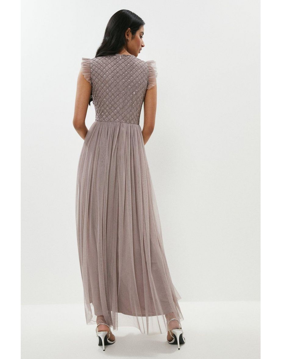 Diamond Embellished Ruffle Sleeve Tulle Maxi - 2