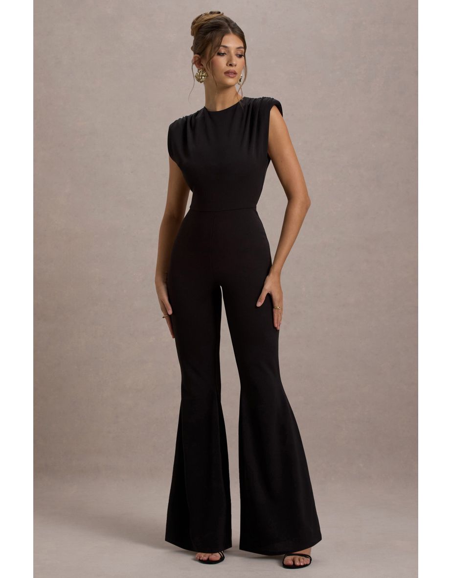 Elyna | Black High-Neck Draped Flared-Leg Jumpsuit