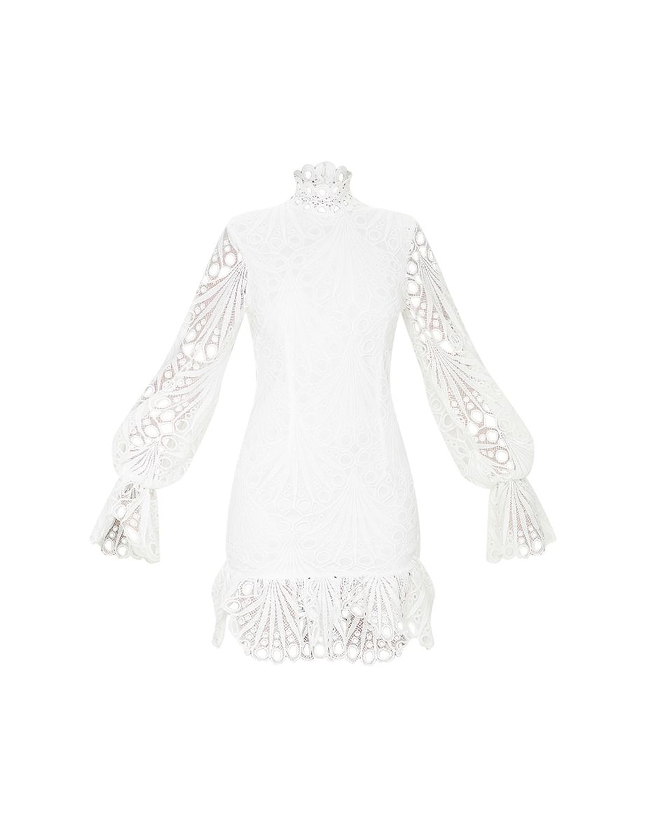 White High Neck Lace Long Sleeve Frill Bodycon Dress - 4
