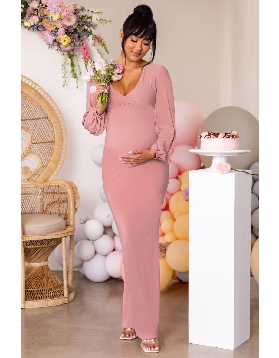 Beige Maternity Ruched Column Maxi Dress with Long Sleeve