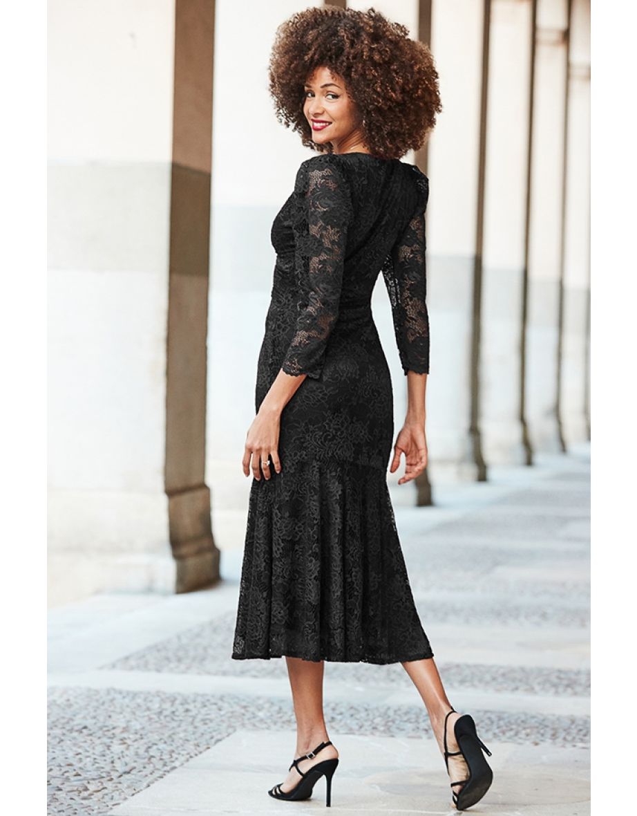 Black Lace Twist Front Midaxi Dress - 1
