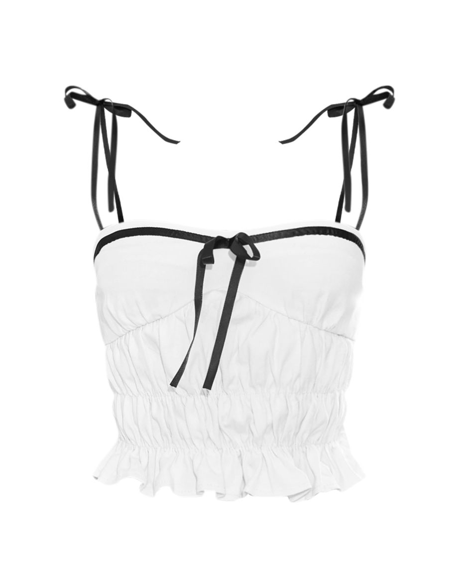 White Ribbon Strap Ruched Denim Crop Top - 4