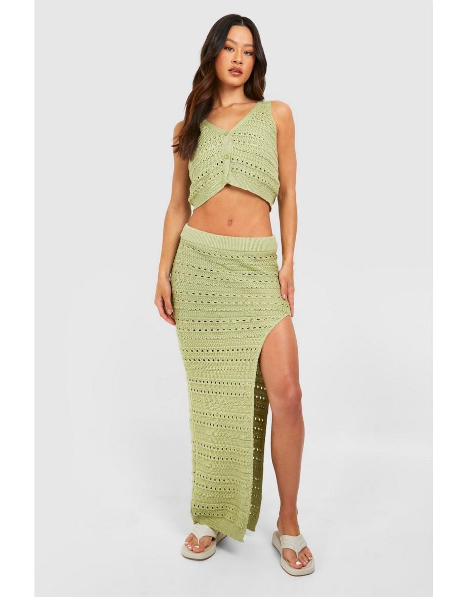 Shop Tall Crochet Waistcoat And Split Maxi Skirt Set khaki Online in Bahrain VogaCloset