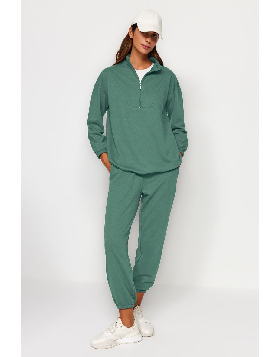 Khaki Zippered Stand Collar Gathered Hem Knitted Tracksuit