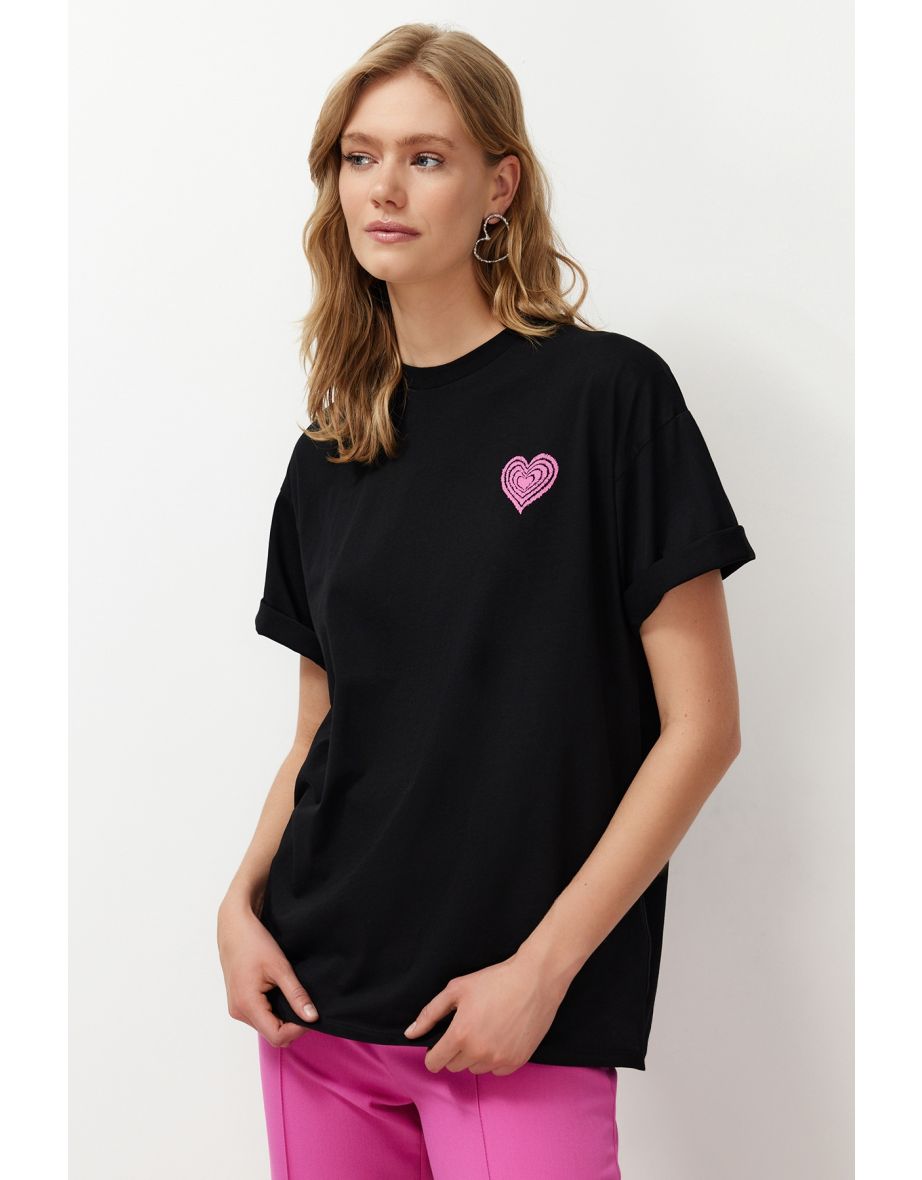 Black 100% Cotton Front and Back Emboss Printed Oversize/Wide Knitted T-Shirt