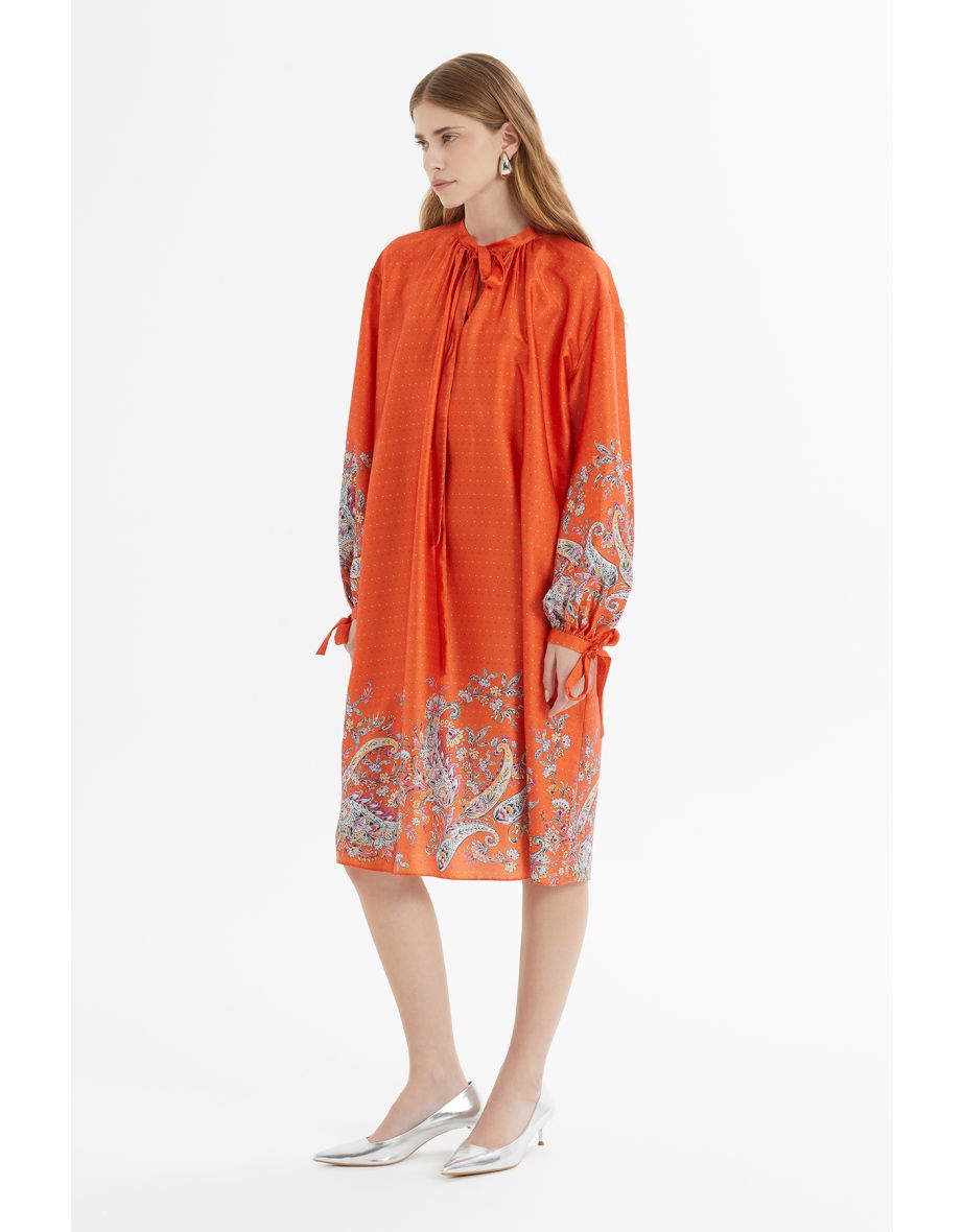 Tie Collar and Sleeve Floral Patterned Polka Dot Orange Dress