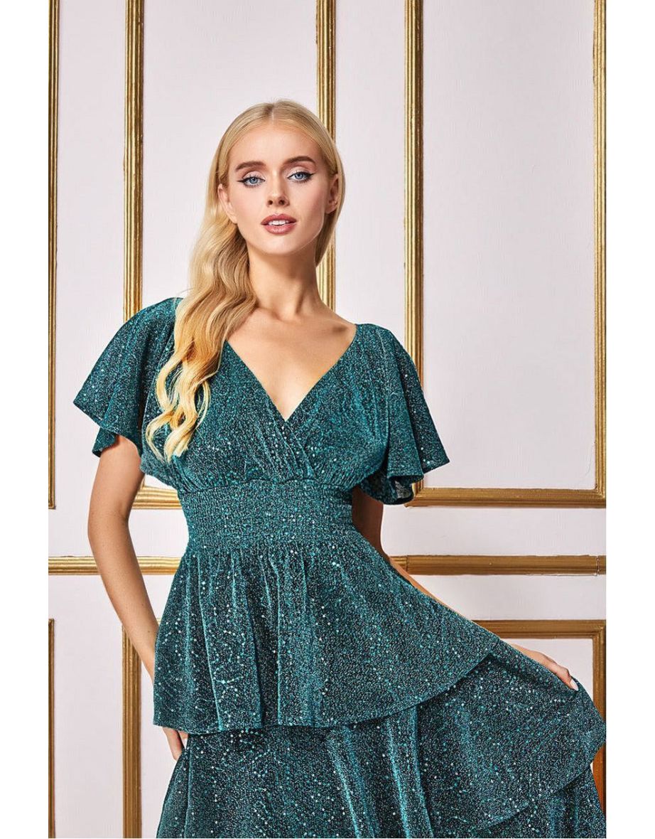 Goddiva Sequin Lurex Tiered Maxi Dress - Teal Blue - 3
