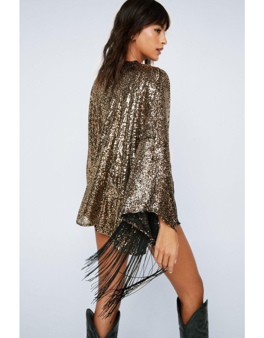 Fringed Sleeve Sequin Kimono - 3