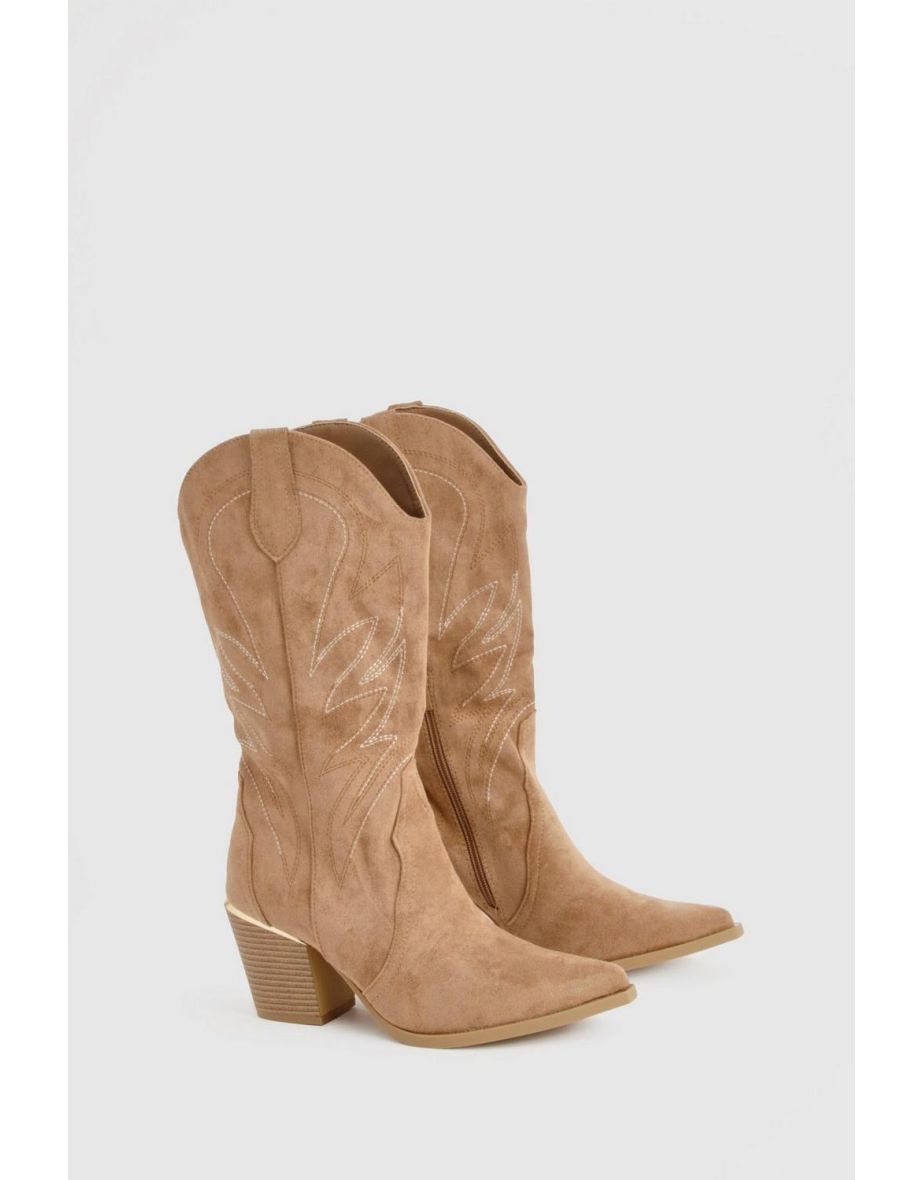 Embroidered Knee High Western Boots - camel