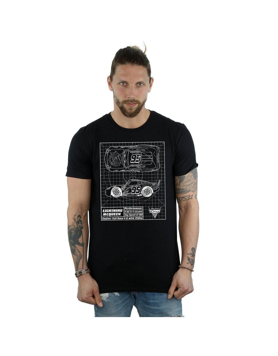 Cars Mens Lightning McQueen Blueprint Cotton T-Shirt - Black