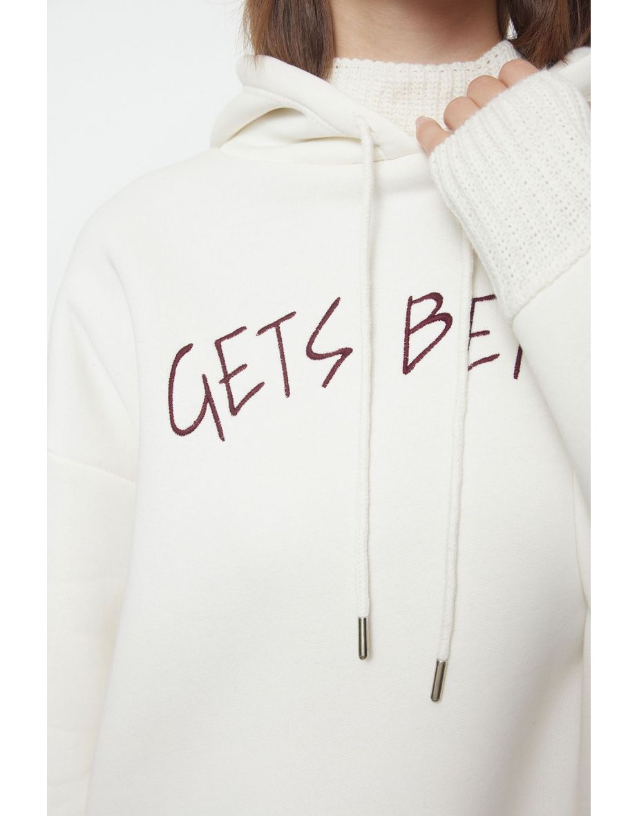 Ecru Thick Inside Fleece Knitwear Hooded Knitted Sweatshirt with Tape Detail - 4