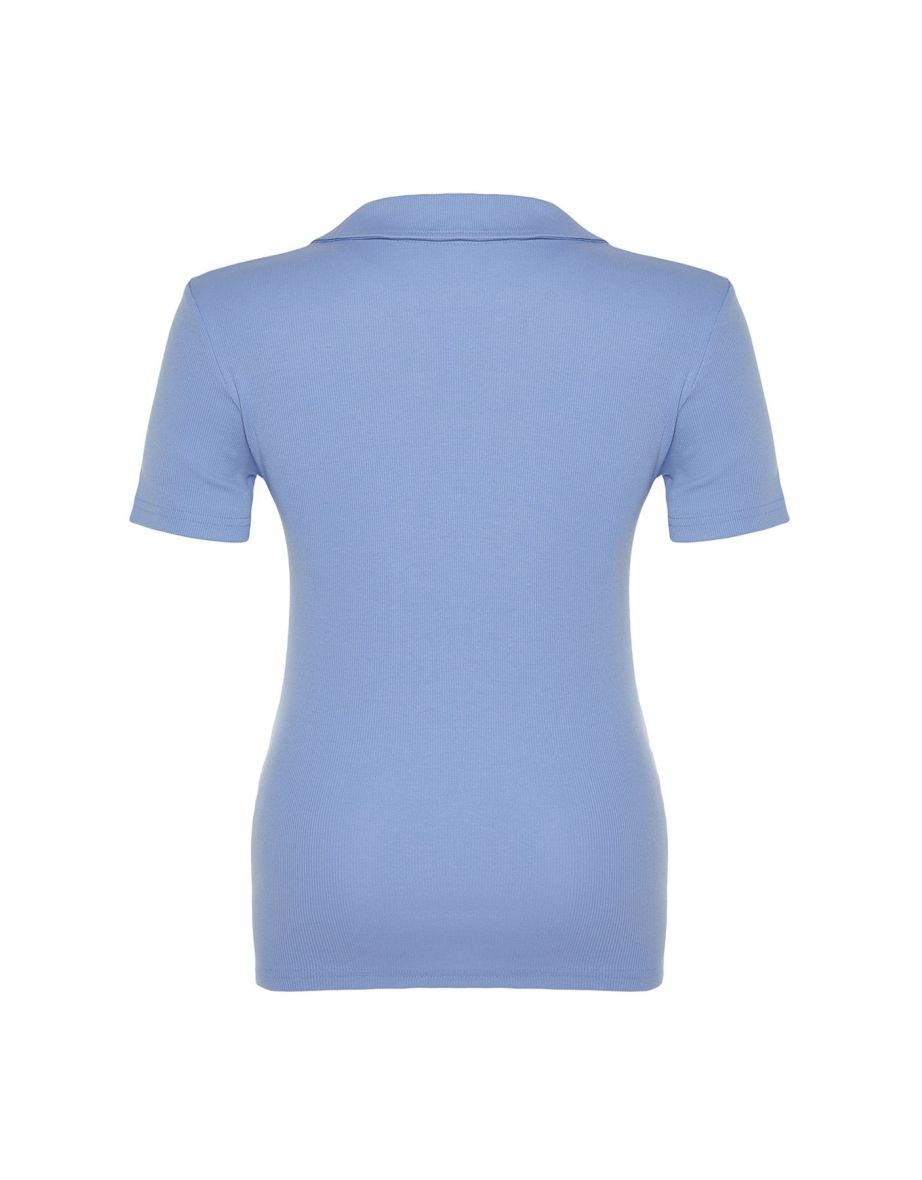 Blue Polo Neck Bodycone Knitted Blouse - 6