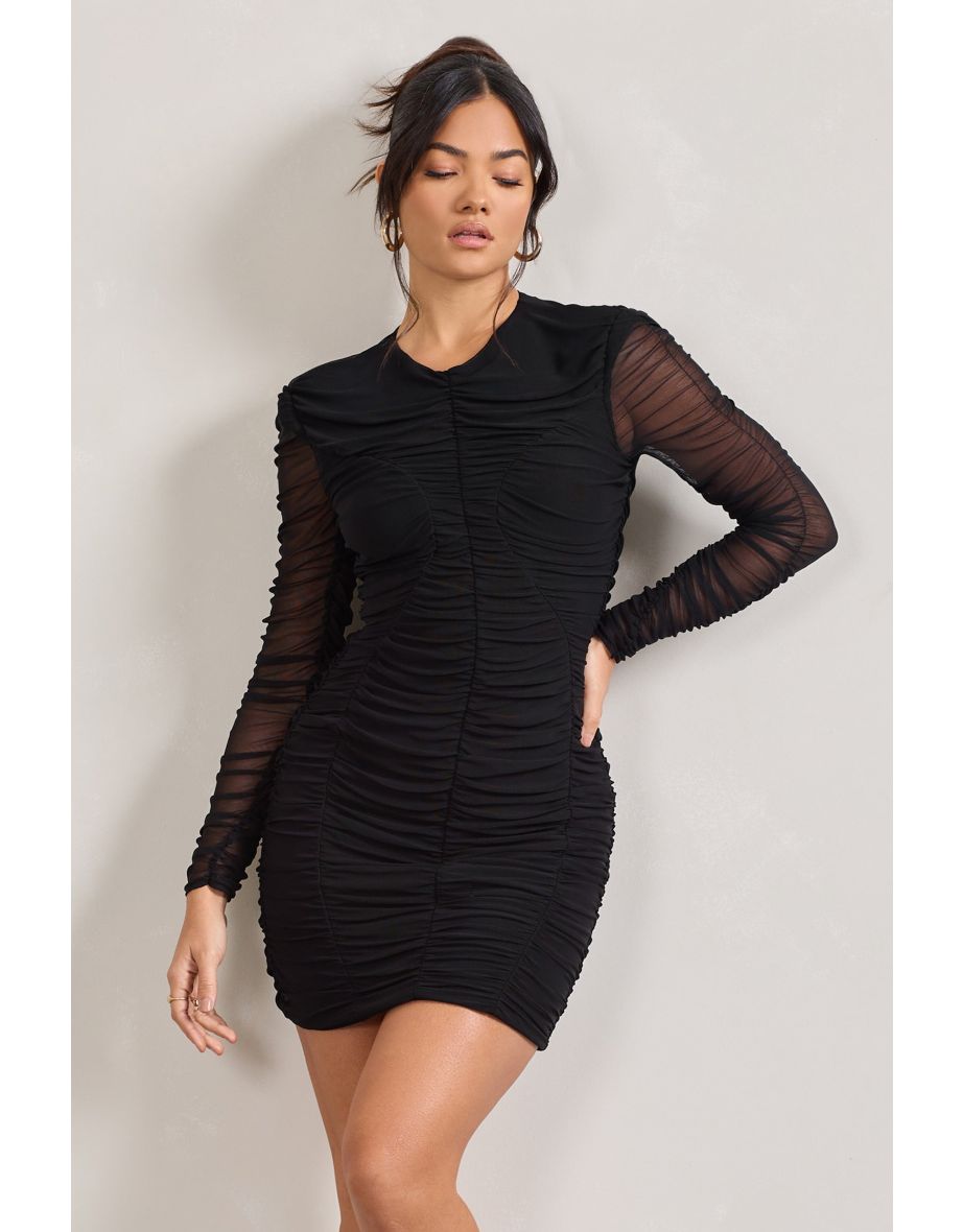 Euphoria | Black Ruched Long Sleeve Mini Dress - 4