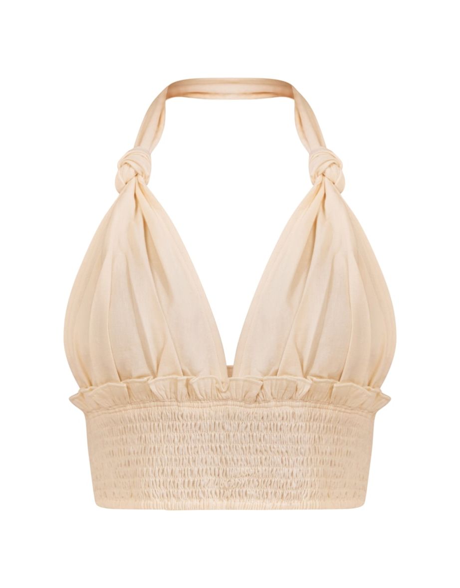 Cream Linen Feel Knot Detail Halter Crop Top - 4