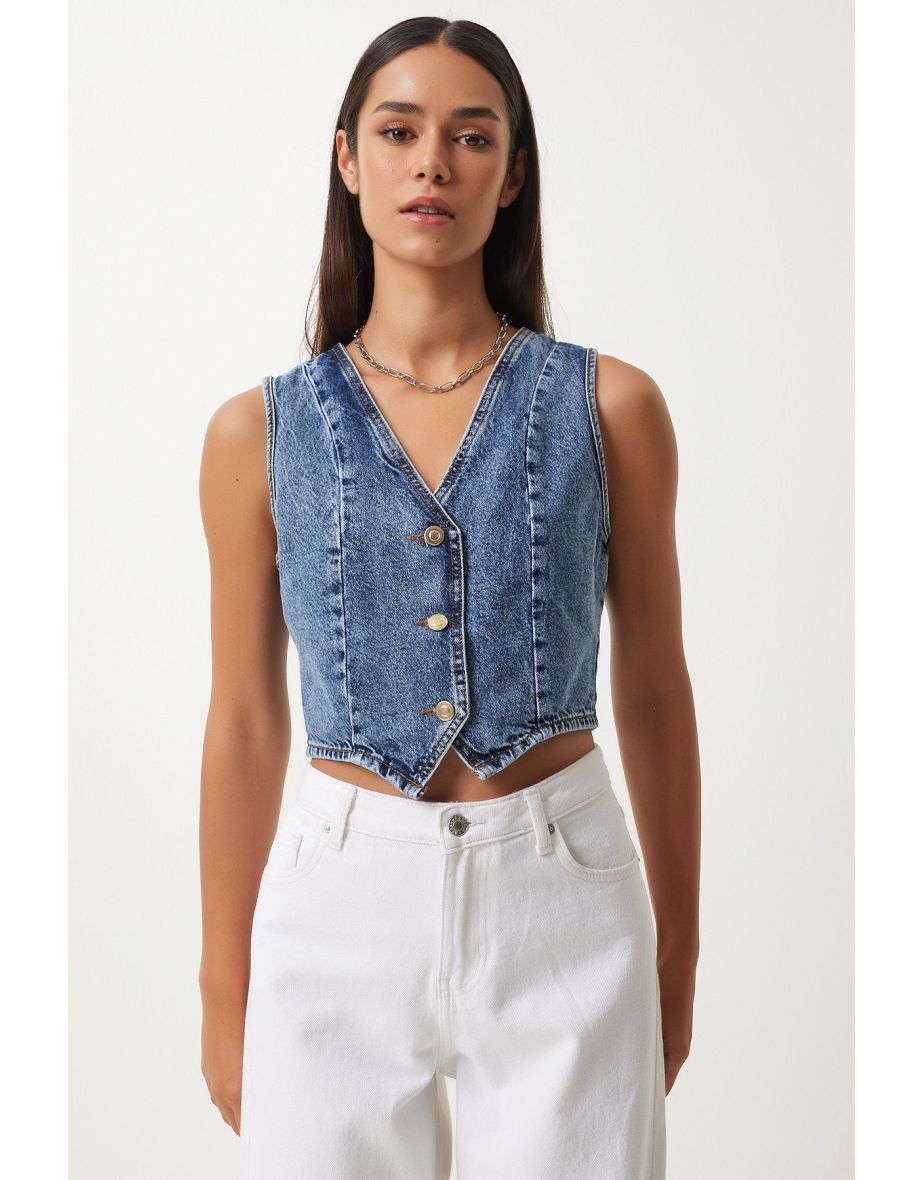 Women's Dark Blue V-Neck Crop Denim Vest