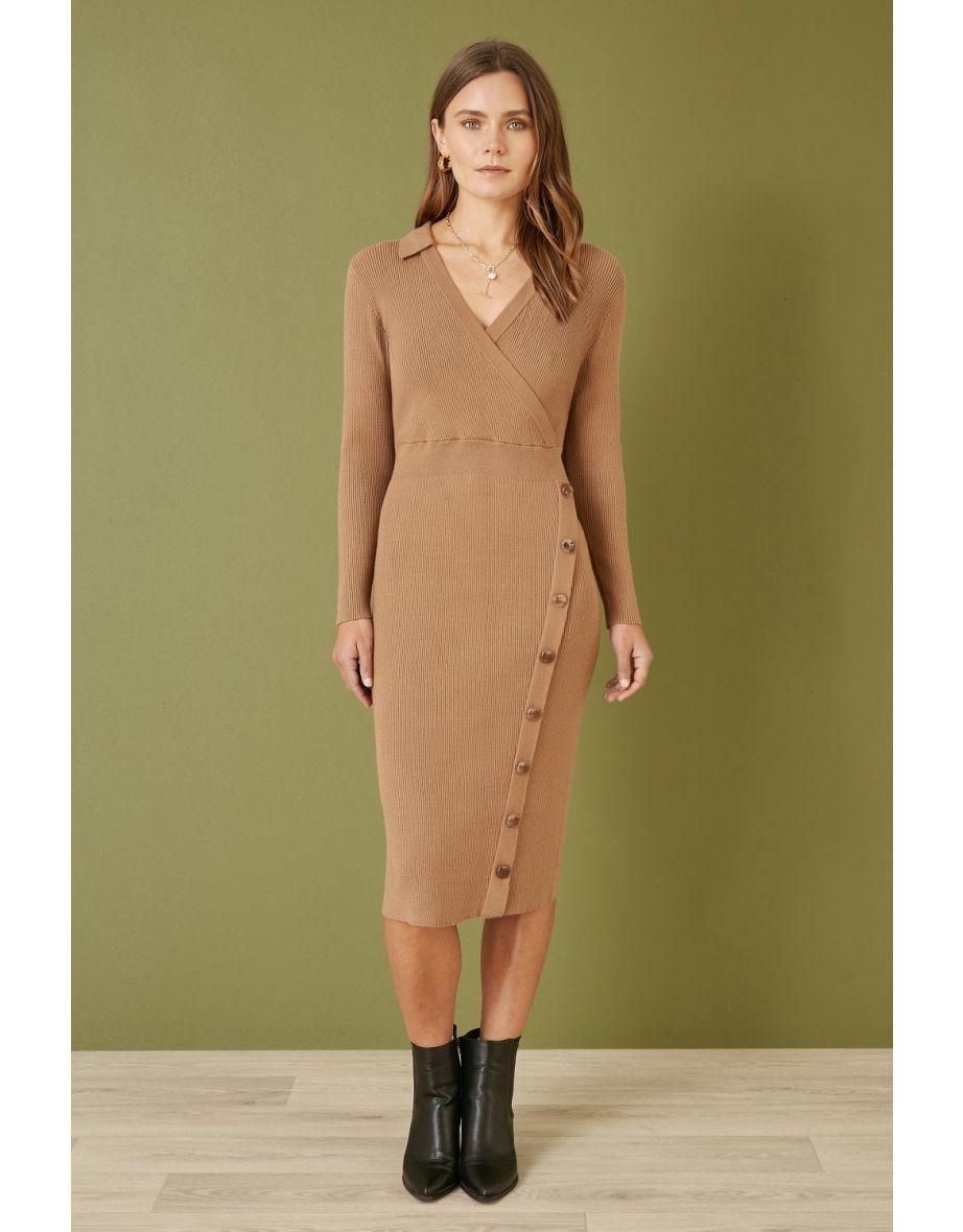 Yumi Brown Knitted Midi Dress With Asymmetric Button Details