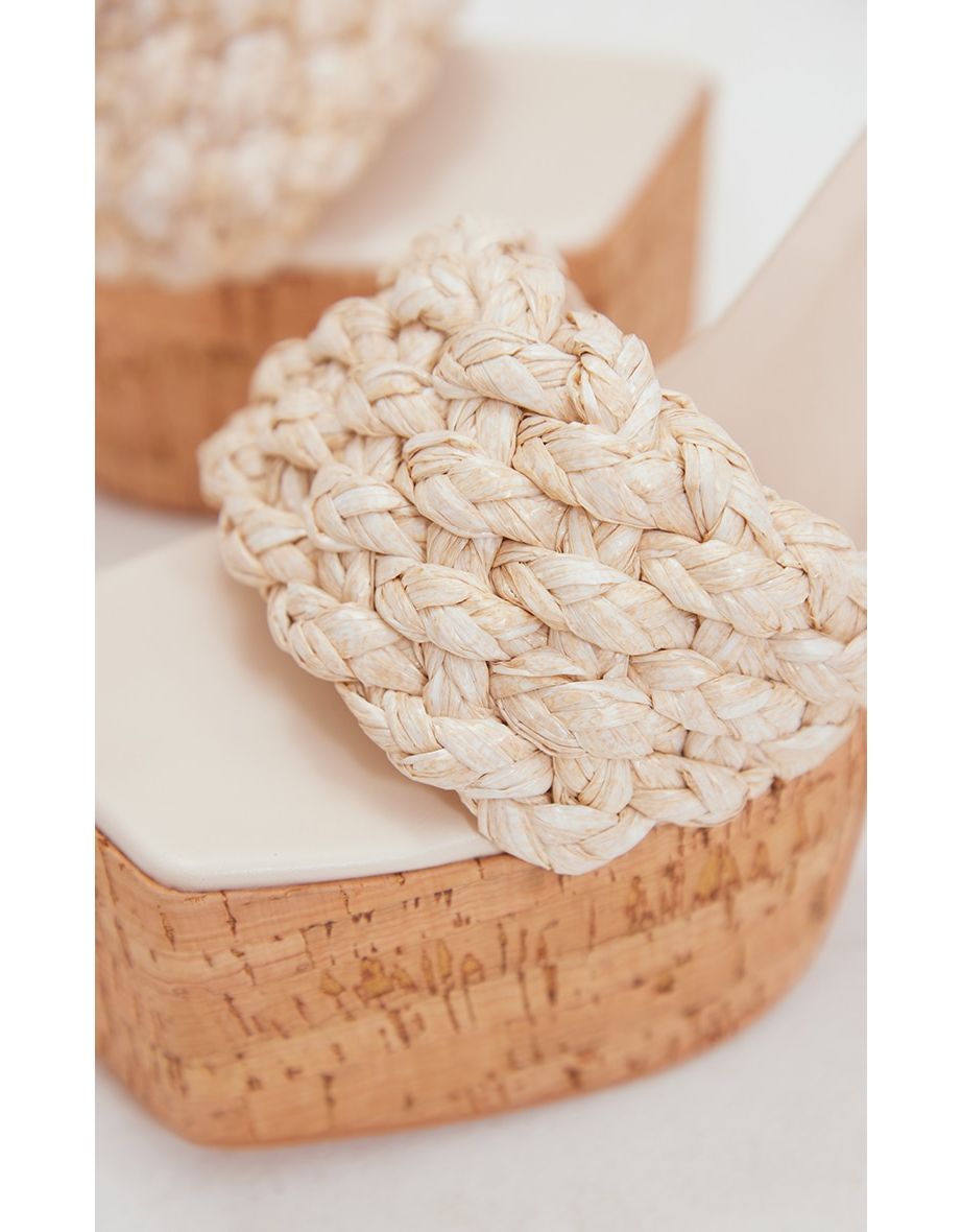 Natural Square Toed Woven Raffia Strap Cork Platform Heeled Sandals - 3